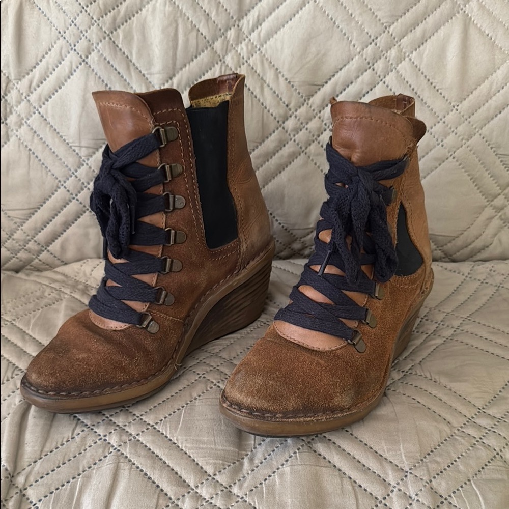 Fly London Lace Up Boots in Brown and Black with Wedge Sole